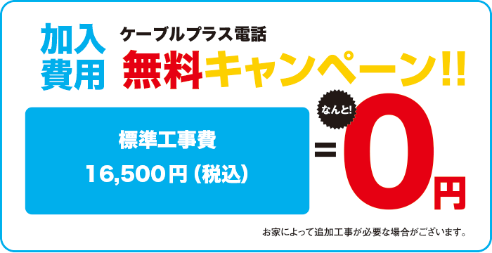 ケーブルプラス電話　加入費用無料キャンペーン!!／標準工事費　なんと！　0円